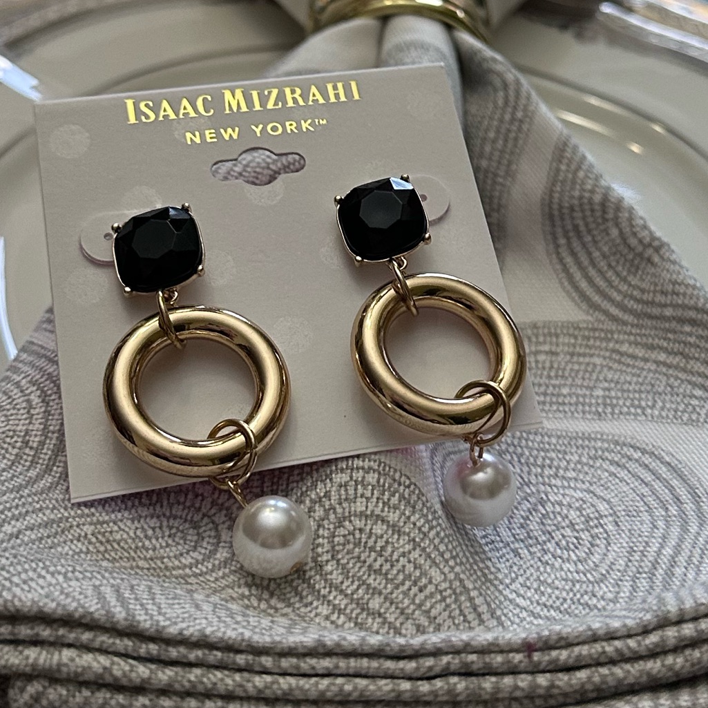Isaac Mizrahi Black And Gold Earrings With Pearl Accents Nwt